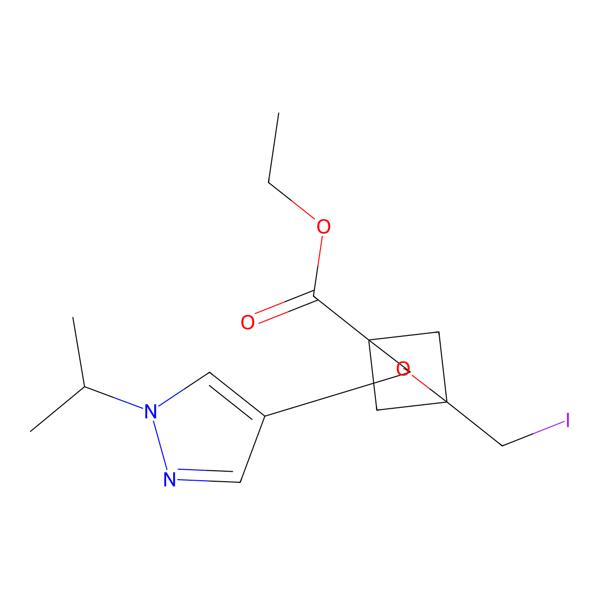 ethyl 1-(iodomethyl)-3-[1-(propan-2-yl)-1H-pyrazol-4-yl]-2-oxabicyclo[2.1.1]hexane-4-carboxylate molecular structure, CAS 2694735-08-3