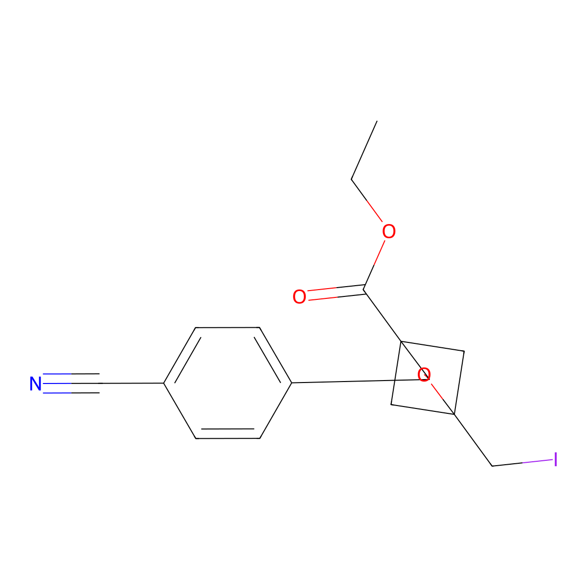 Ethyl 3-(4-cyanophenyl)-1-(iodomethyl)-2-oxabicyclo[2.1.1]hexane-4-carboxylate molecular structure, CAS 2694735-29-8