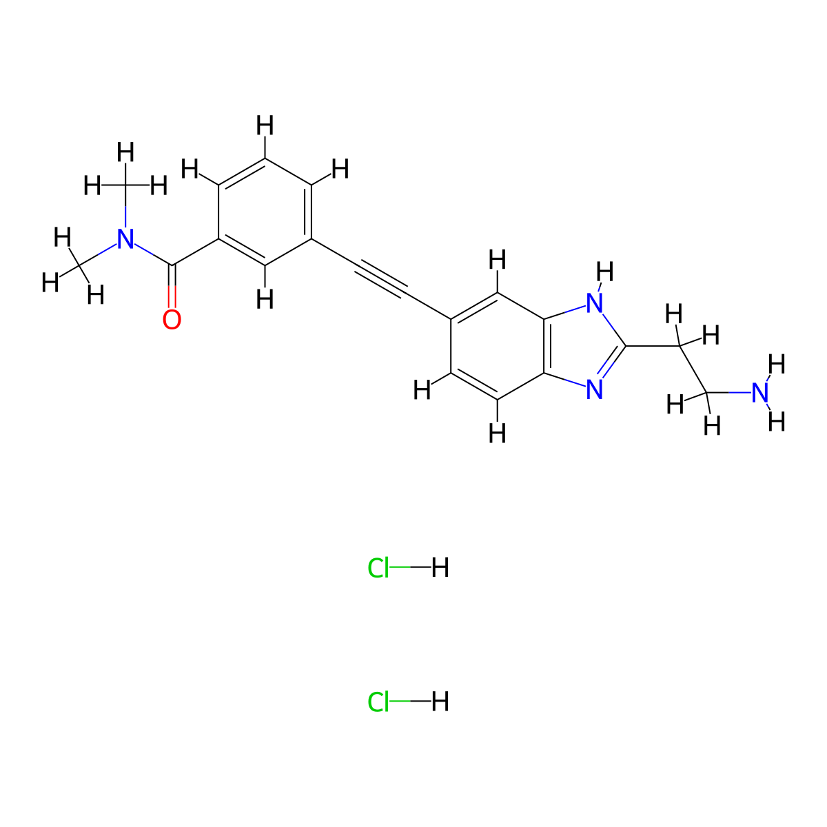 3-(2-(2-(2-aminoethyl)-1H-1,3-benzodiazol-5-yl)ethynyl)-N,N-dimethylbenzamide dihydrochloride molecular structure, CAS 2694744-36-8