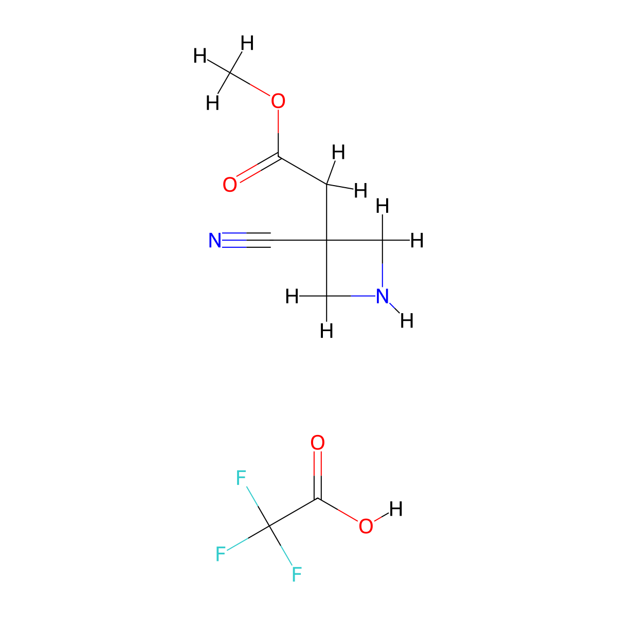 Methyl 2-(3-cyanoazetidin-3-yl)acetate, trifluoroacetic acid molecular structure, CAS 2694744-37-9