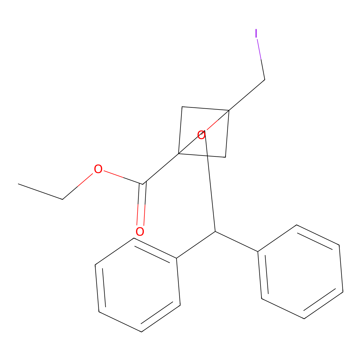Ethyl 3-(diphenylmethyl)-1-(iodomethyl)-2-oxabicyclo[2.1.1]hexane-4-carboxylate molecular structure, CAS 2694745-19-0
