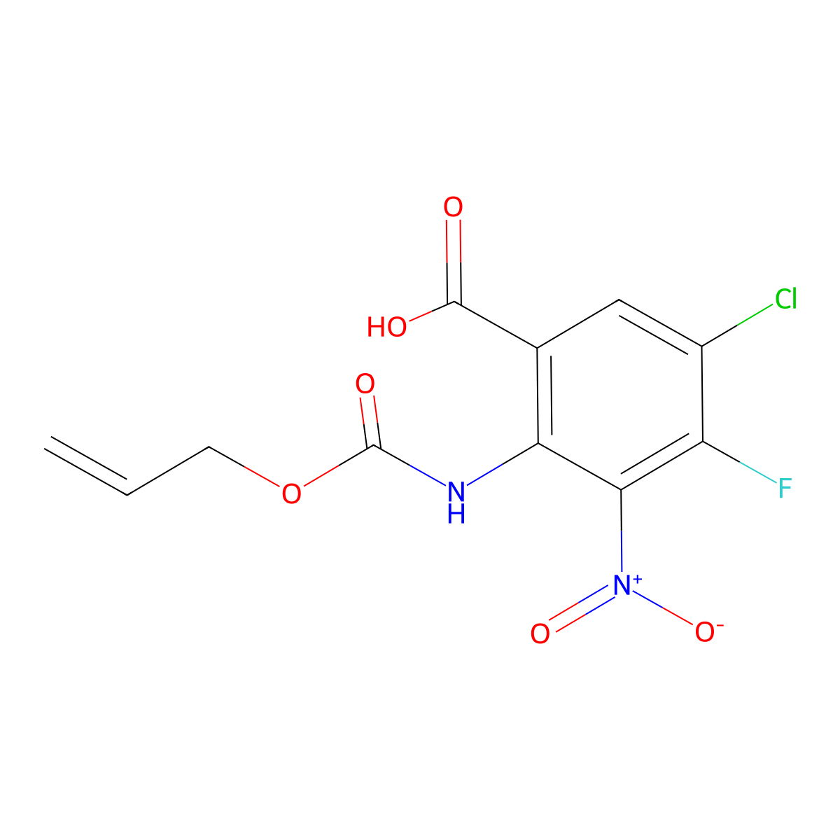 5-Chloro-4-fluoro-3-nitro-2-{[(prop-2-en-1-yloxy)carbonyl]amino}benzoic acid molecular structure, CAS 2694747-52-7