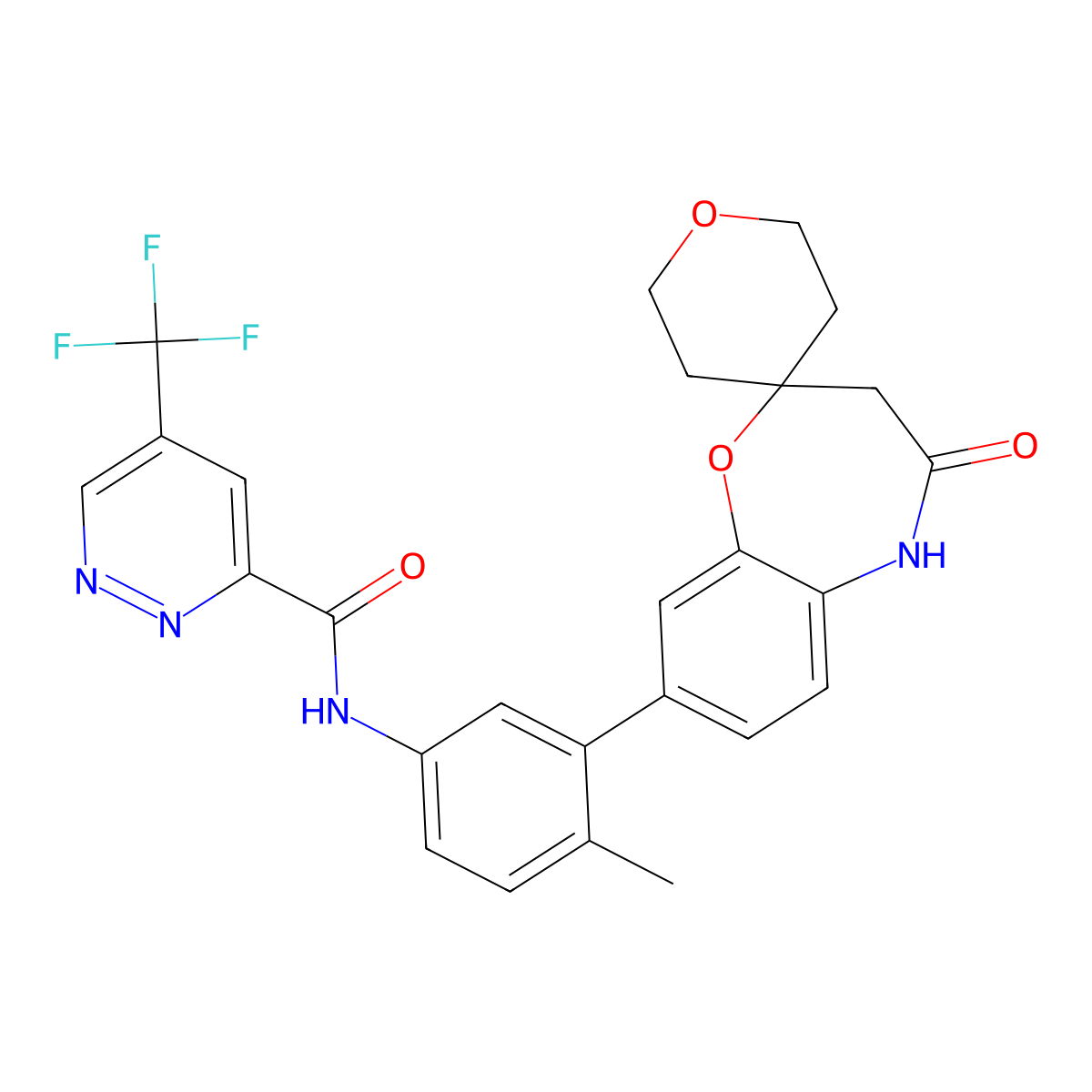 N-[4-methyl-3-(4-oxospiro[3,5-dihydro-1,5-benzoxazepine-2,4'-oxane]-8-yl)phenyl]-5-(trifluoromethyl)pyridazine-3-carboxamide molecular structure, CAS 2695506-82-0