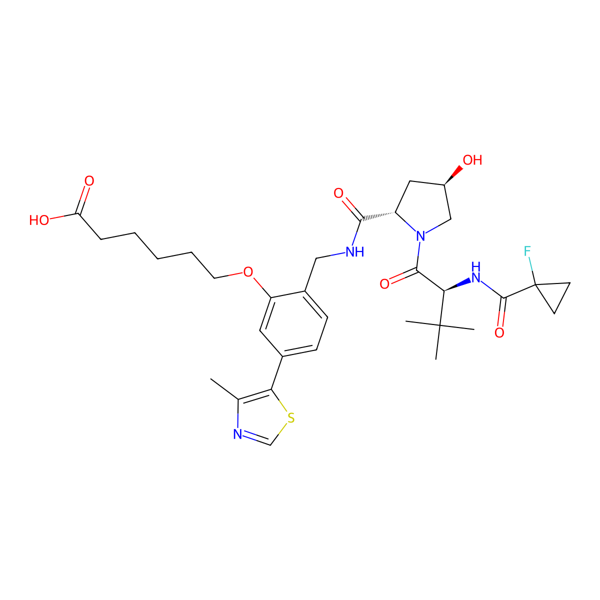6-(2-(((2S,4R)-1-((S)-2-(1-fluorocyclopropane-1-carboxamido)-3,3-dimethylbutanoyl)-4-hydroxypyrrolidine-2-carboxamido)methyl)-5-(4-methylthiazol-5-yl)phenoxy)hexanoic acid molecular structure, CAS 2697187-83-8