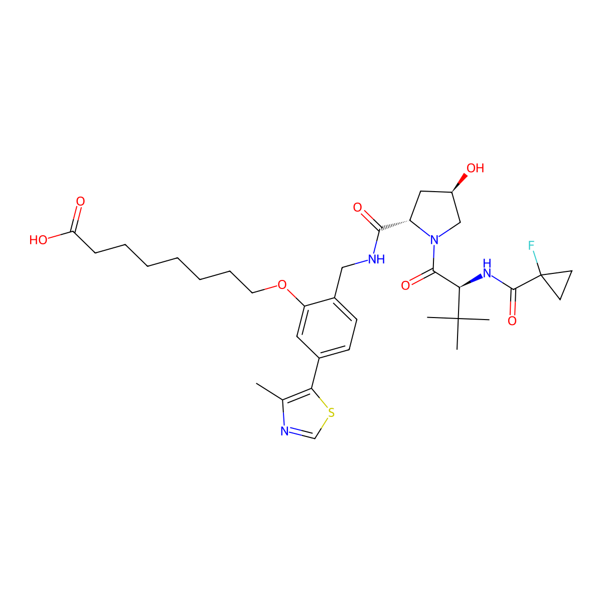 8-(2-(((2S,4R)-1-((S)-2-(1-fluorocyclopropane-1-carboxamido)-3,3-dimethylbutanoyl)-4-hydroxypyrrolidine-2-carboxamido)methyl)-5-(4-methylthiazol-5-yl)phenoxy)octanoic acid molecular structure, CAS 2697187-84-9