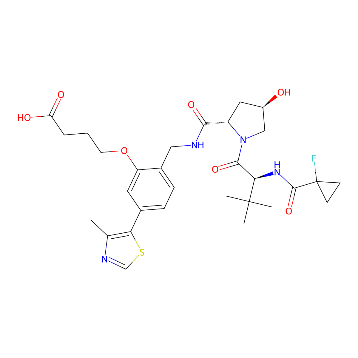 4-(2-(((2S,4R)-1-((S)-2-(1-fluorocyclopropane-1-carboxamido)-3,3-dimethylbutanoyl)-4-hydroxypyrrolidine-2-carboxamido)methyl)-5-(4-methylthiazol-5-yl)phenoxy)butanoic acid molecular structure, CAS 2697187-92-9