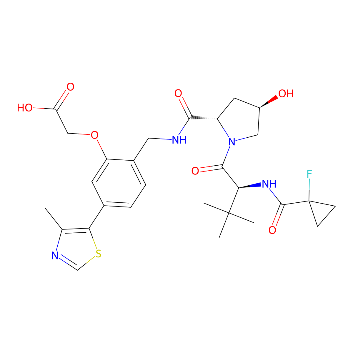 2-(2-(((2S,4R)-1-((S)-2-(1-fluorocyclopropane-1-carboxamido)-3,3-dimethylbutanoyl)-4-hydroxypyrrolidine-2-carboxamido)methyl)-5-(4-methylthiazol-5-yl)phenoxy)acetic acid molecular structure, CAS 2697188-31-9