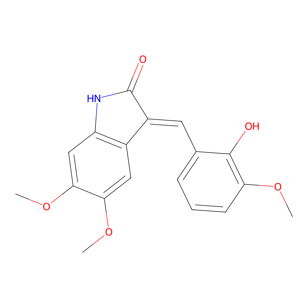 1,3-Dihydro-3-[(2-hydroxy-3-methoxyphenyl)methylene]-5,6-dimethoxy-2H-indol-2-one molecular structure, CAS 269730-06-5