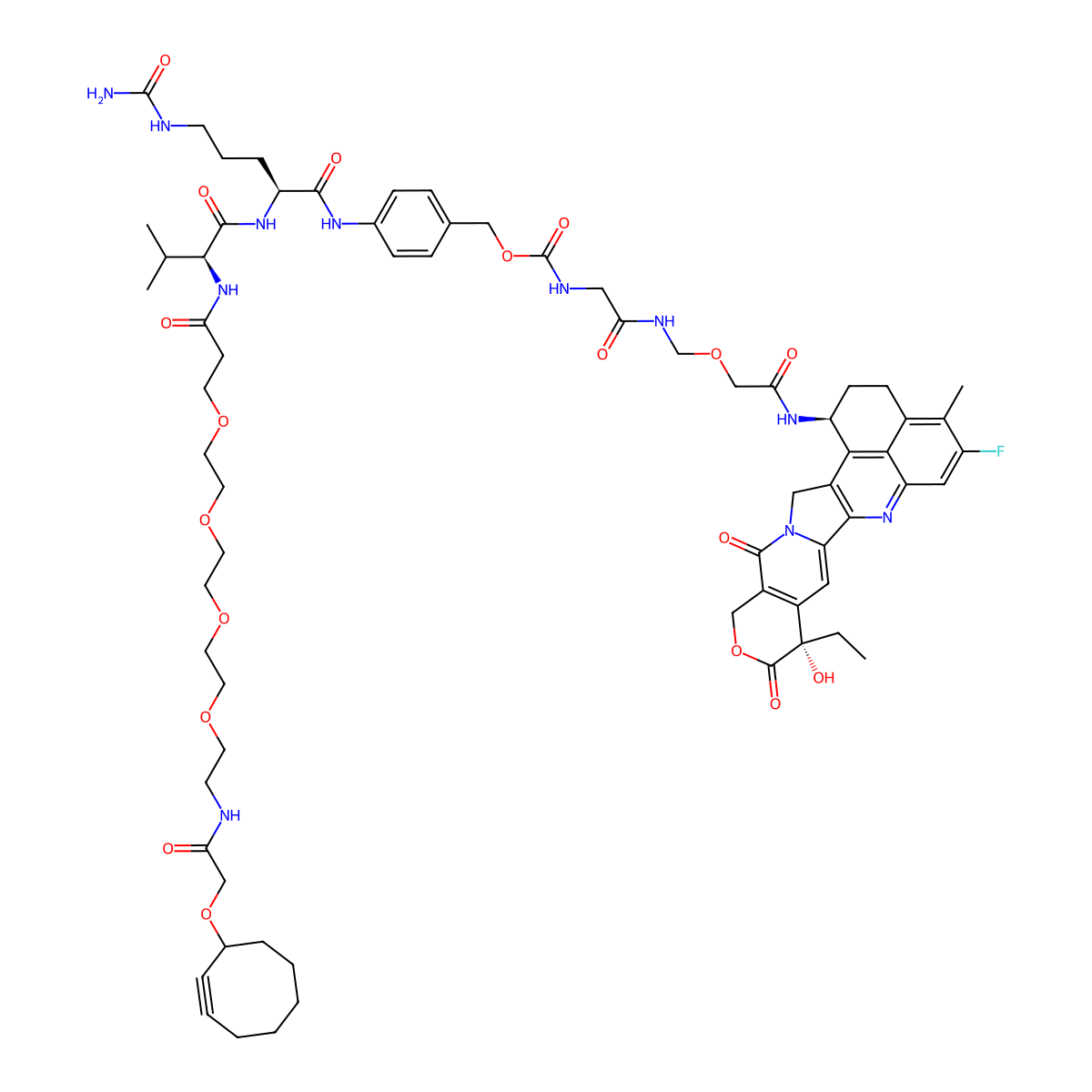 Cyclooctyne-O-amido-PEG4-VC-PAB-Gly-Gly-NH-O-CO-Exatecan molecular structure, CAS 2699066-62-9