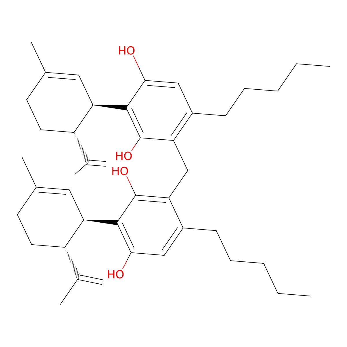 4-[[2,4-dihydroxy-3-[(1R,6R)-3-methyl-6-prop-1-en-2-ylcyclohex-2-en-1-yl]-6-pentylphenyl]methyl]-2-[(1R,6R)-3-methyl-6-prop-1-en-2-ylcyclohex-2-en-1-yl]-5-pentylbenzene-1,3-diol molecular structure, CAS 2699950-81-5
