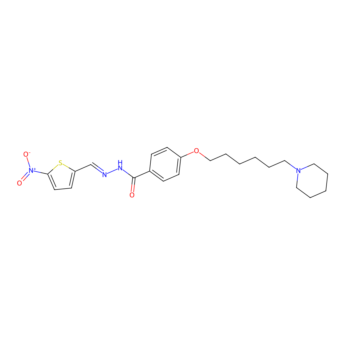 N-[(5-nitrothiophen-2-yl)methylideneamino]-4-(6-piperidin-1-ylhexoxy)benzamide molecular structure, CAS 2700263-58-5