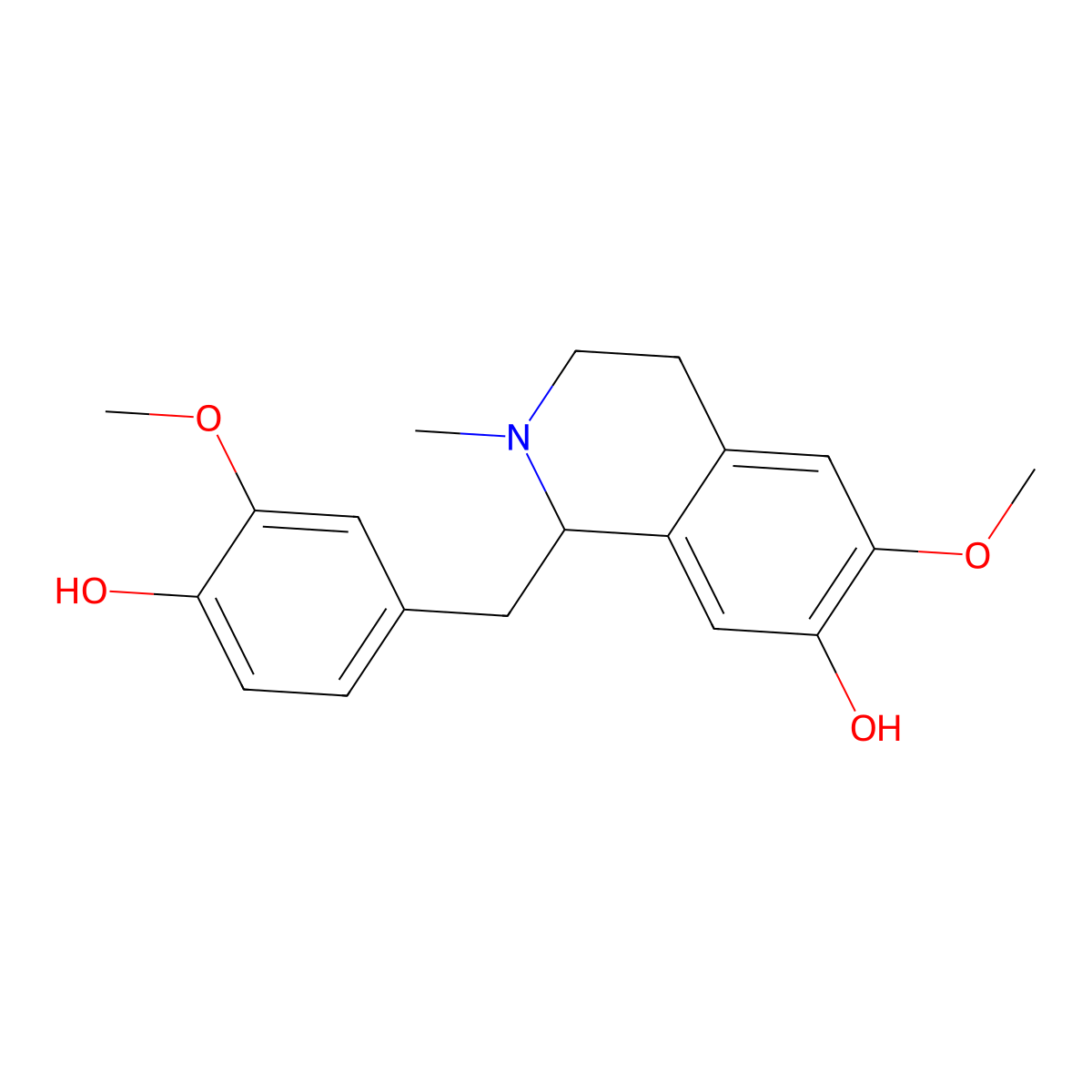 7-Isoquinolinol, 1,2,3,4-tetrahydro-1-((4-hydroxy-3-methoxyphenyl)methyl)-6-methoxy-2-methyl-, (+-)- molecular structure, CAS 27003-74-3