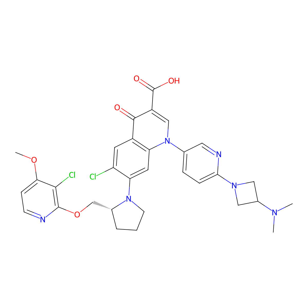 6-chloro-7-[(2R)-2-[(3-chloro-4-methoxy-2-pyridinyl)oxymethyl]pyrrolidin-1-yl]-1-[6-[3-(dimethylamino)azetidin-1-yl]-3-pyridinyl]-4-oxoquinoline-3-carboxylic acid molecular structure, CAS 2702325-64-0