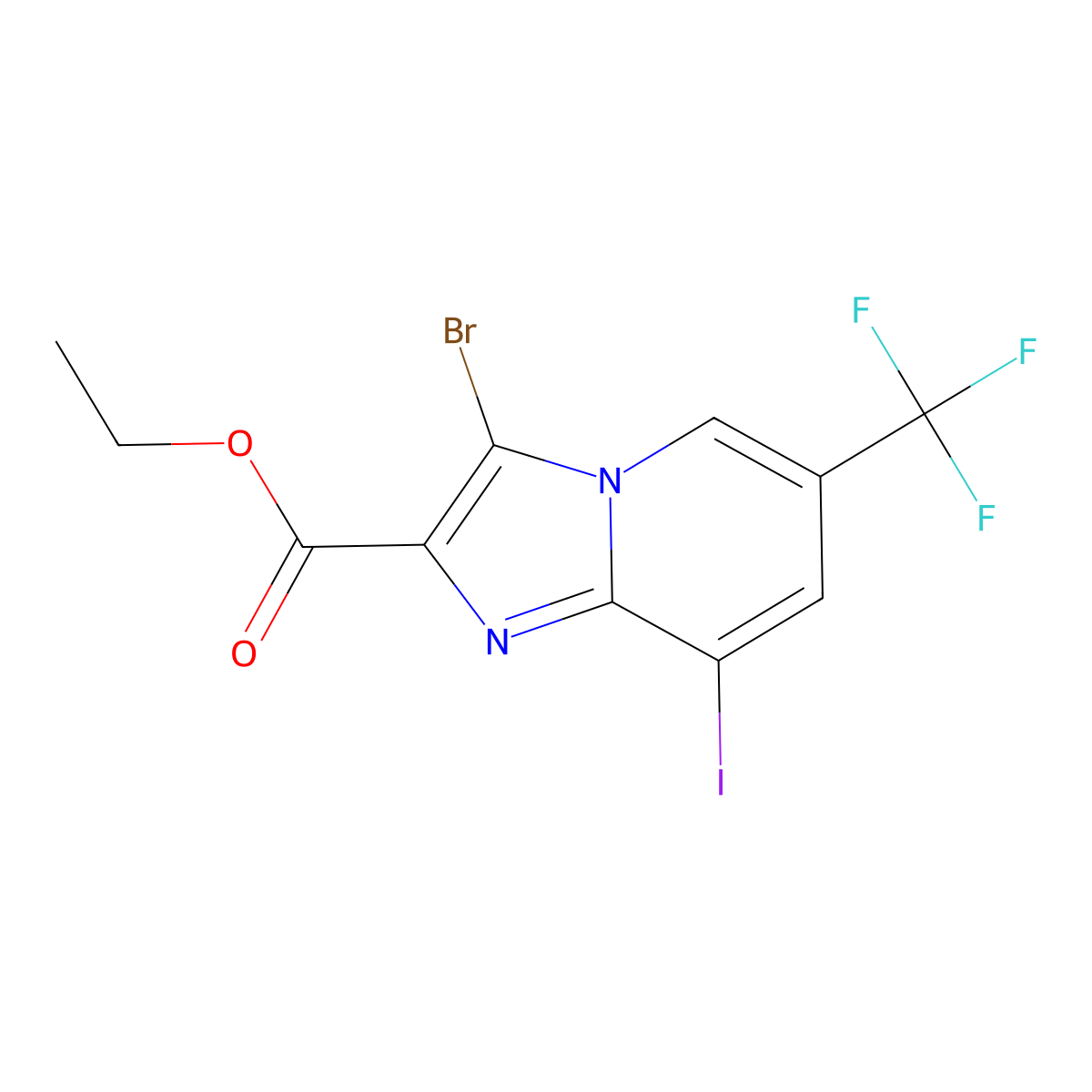 Ethyl 3-bromo-8-iodo-6-(trifluoromethyl)imidazo[1,2-a]pyridine-2-carboxylate molecular structure, CAS 2702837-08-7