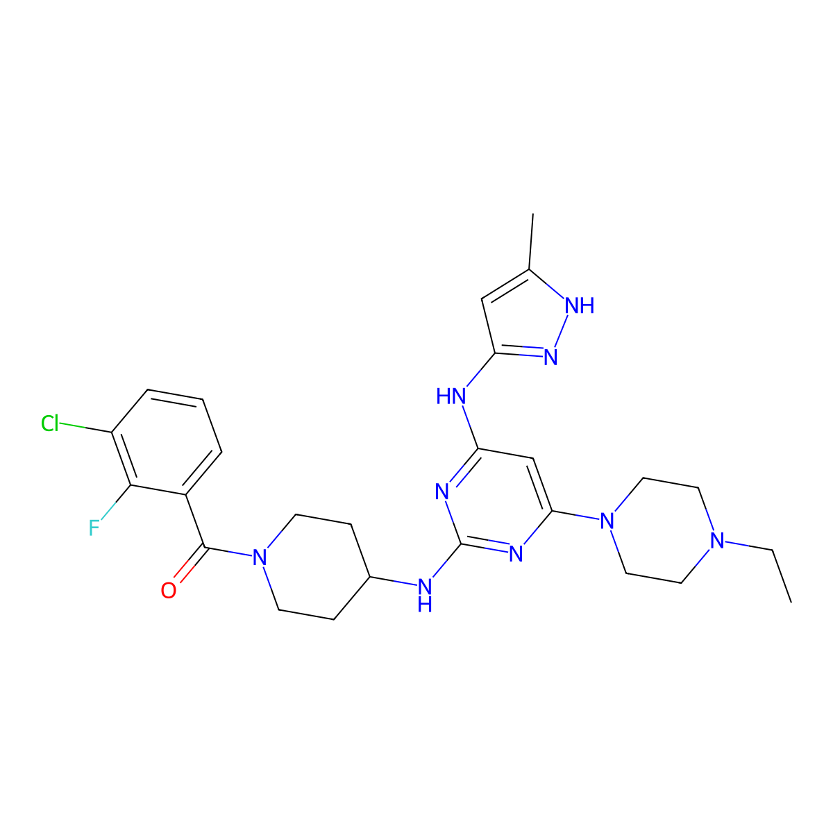 (3-chloro-2-fluorophenyl)-[4-[[4-(4-ethylpiperazin-1-yl)-6-[(5-methyl-1H-pyrazol-3-yl)amino]pyrimidin-2-yl]amino]piperidin-1-yl]methanone molecular structure, CAS 2702965-27-1