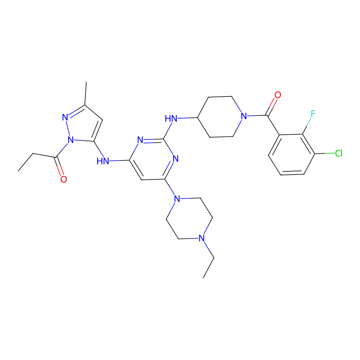 1-[5-[[2-[[1-(3-Chloro-2-fluorobenzoyl)piperidin-4-yl]amino]-6-(4-ethylpiperazin-1-yl)pyrimidin-4-yl]amino]-3-methylpyrazol-1-yl]propan-1-one molecular structure, CAS 2702965-64-6