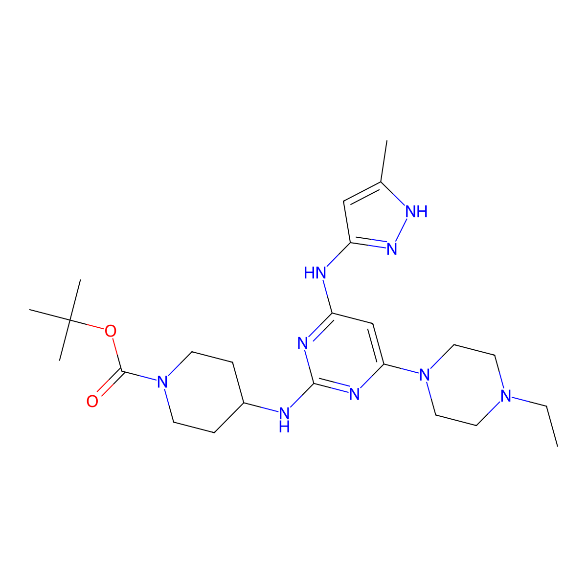 N2-(1-Boc-4-piperidyl)-6-(4-ethyl-1-piperazinyl)-N4-(5-methyl-3-pyrazolyl)pyrimidine-2,4-diamine molecular structure, CAS 2702965-71-5