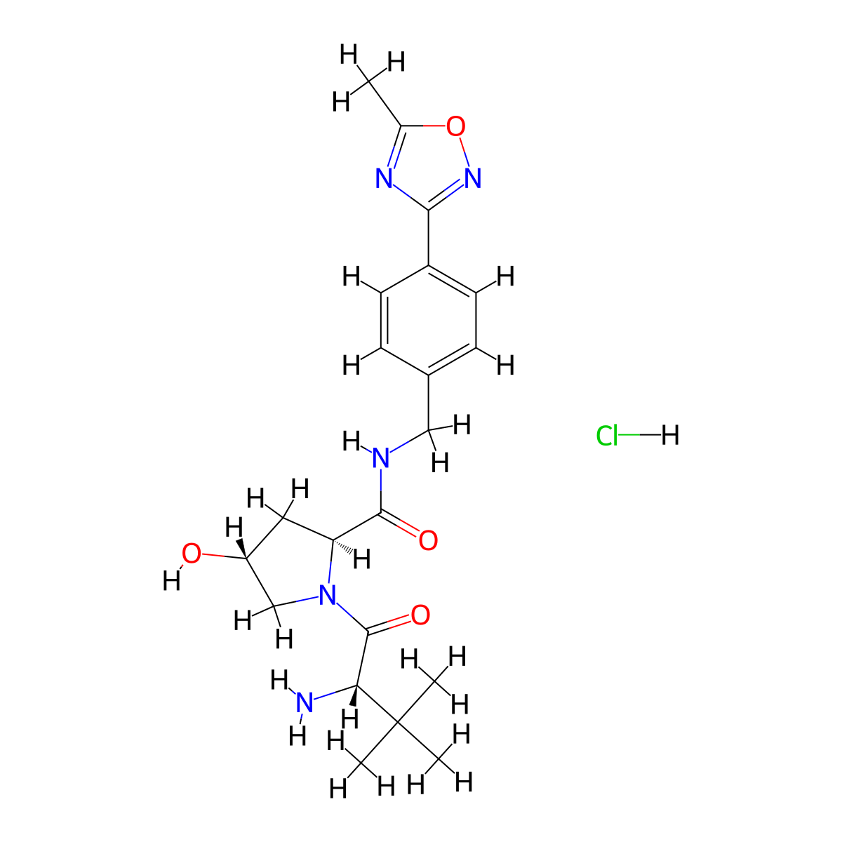 (2S,4R)-1-[(2S)-2-amino-3,3-dimethylbutanoyl]-4-hydroxy-N-{[4-(5-methyl-1,2,4-oxadiazol-3-yl)phenyl]methyl}pyrrolidine-2-carboxamide hydrochloride molecular structure, CAS 2703748-82-5