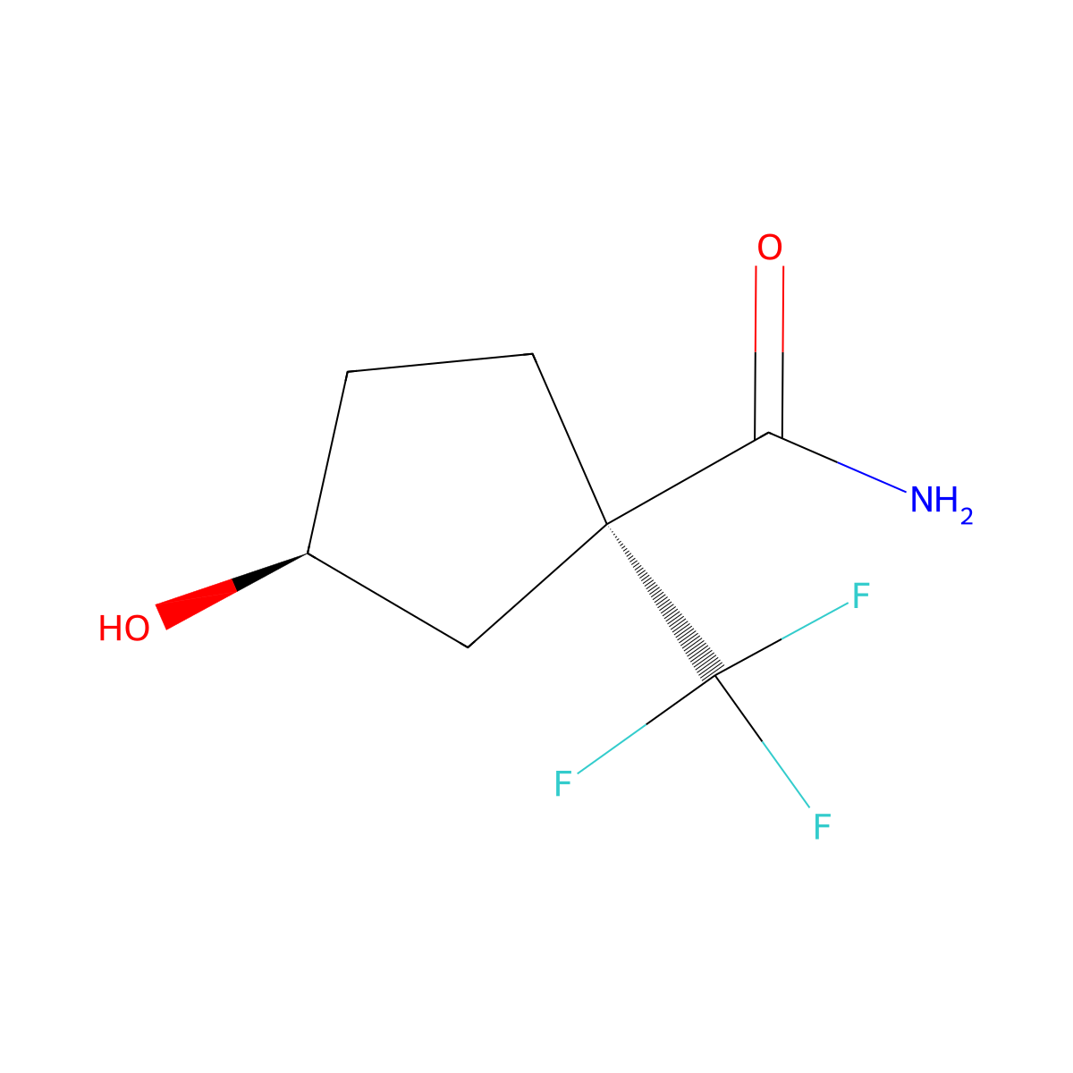 rac-(1R,3R)-3-hydroxy-1-(trifluoromethyl)cyclopentane-1-carboxamide, trans molecular structure, CAS 2703749-05-5