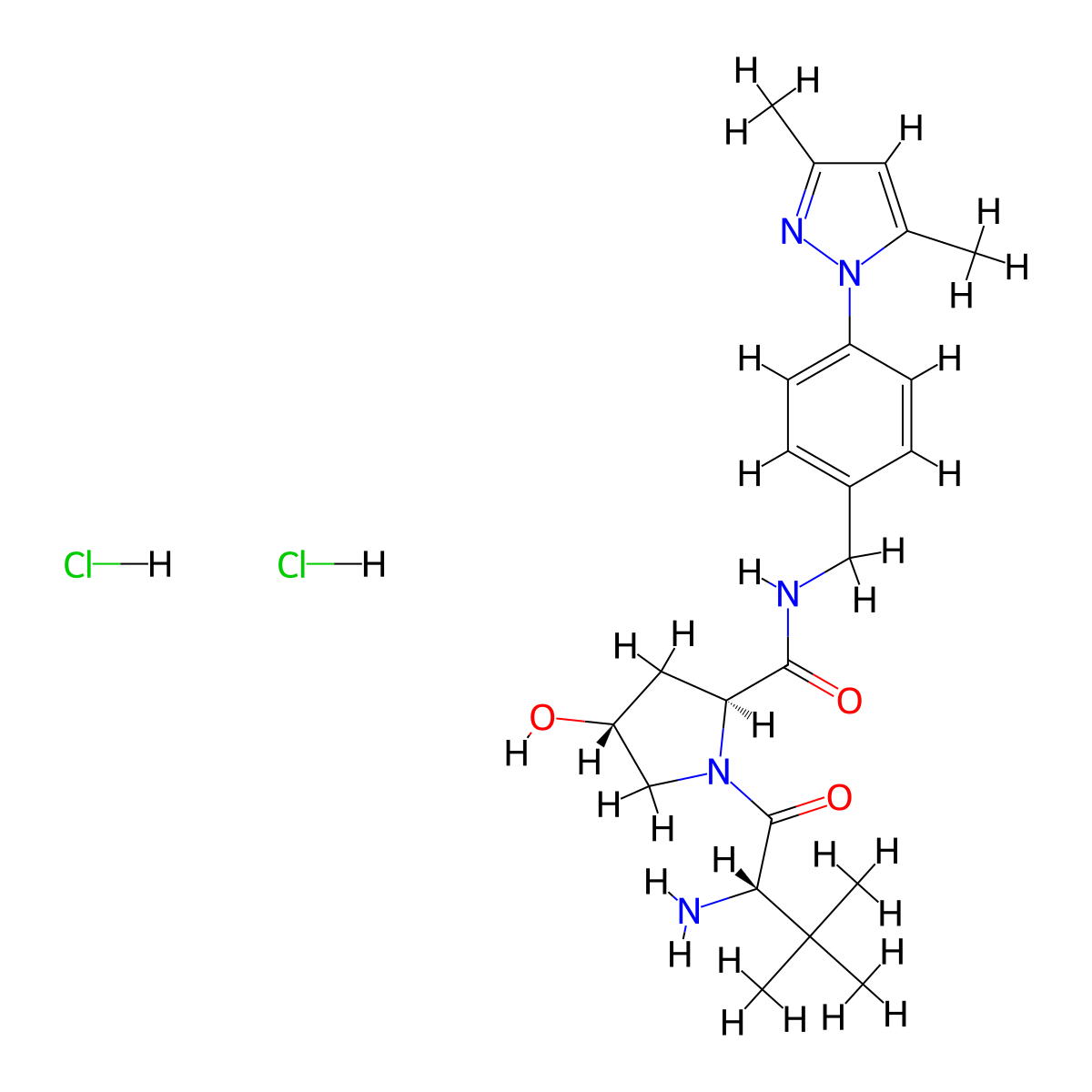 (2S,4R)-1-[(2S)-2-amino-3,3-dimethylbutanoyl]-N-{[4-(3,5-dimethyl-1H-pyrazol-1-yl)phenyl]methyl}-4-hydroxypyrrolidine-2-carboxamide dihydrochloride molecular structure, CAS 2703749-44-2