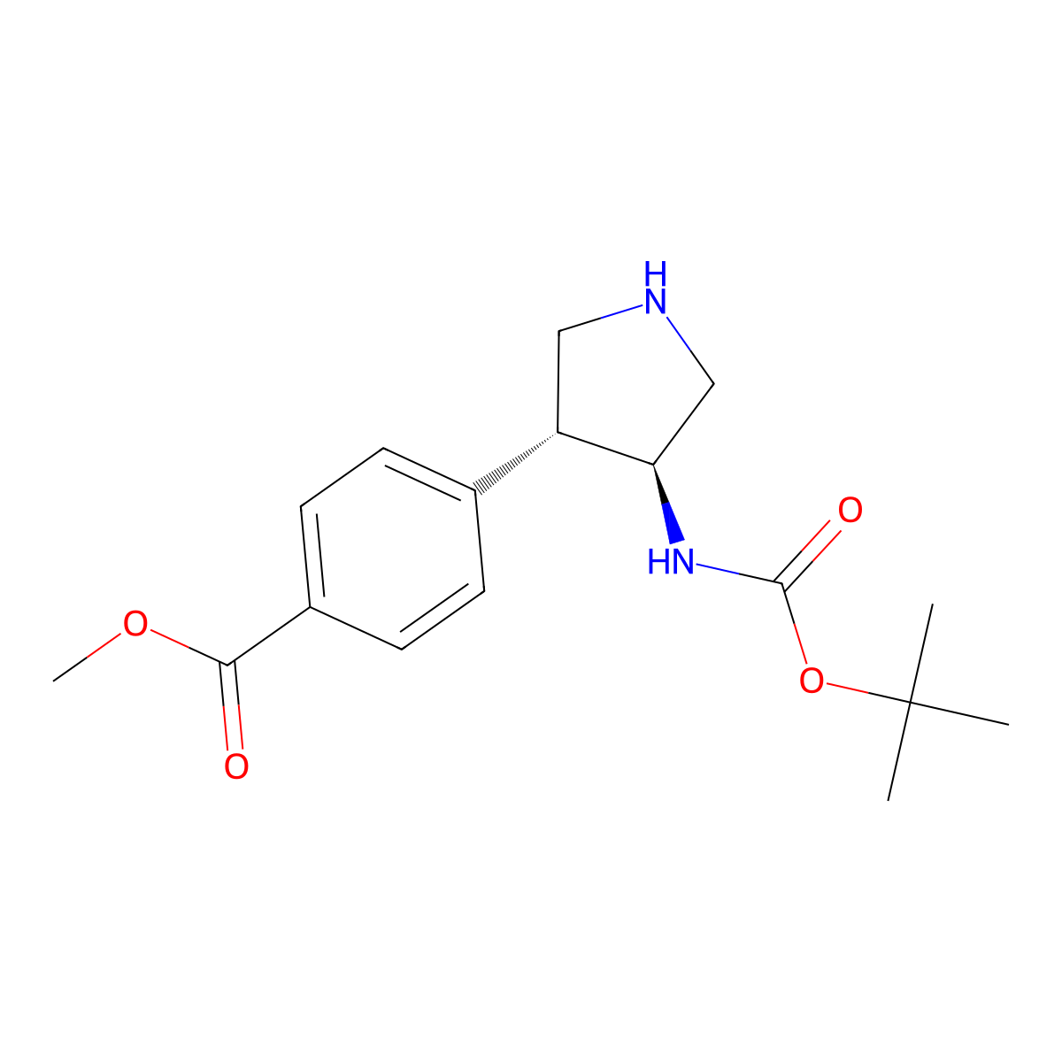 rac-methyl 4-((3R,4S)-4-(((tert-butoxy)carbonyl)amino)pyrrolidin-3-yl)benzoate molecular structure, CAS 2703749-45-3