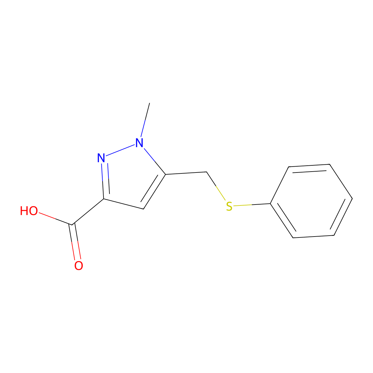 1-Methyl-5-phenylsulfanylmethyl-1H-pyrazole-3-carboxylic acid molecular structure, CAS 2703752-69-4