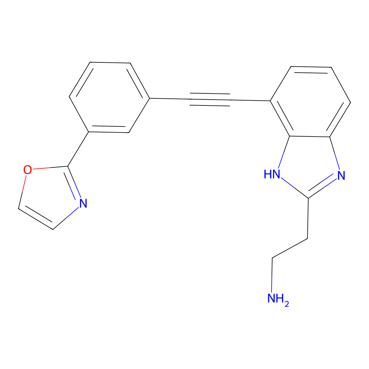 2-(4-{2-[3-(1,3-oxazol-2-yl)phenyl]ethynyl}-1H-1,3-benzodiazol-2-yl)ethan-1-amine molecular structure, CAS 2703773-91-3
