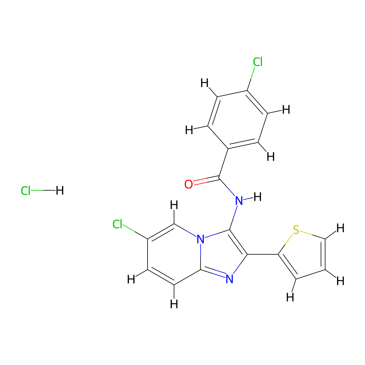 4-chloro-N-[6-chloro-2-(thiophen-2-yl)imidazo[1,2-a]pyridin-3-yl]benzamide hydrochloride molecular structure, CAS 2703774-23-4