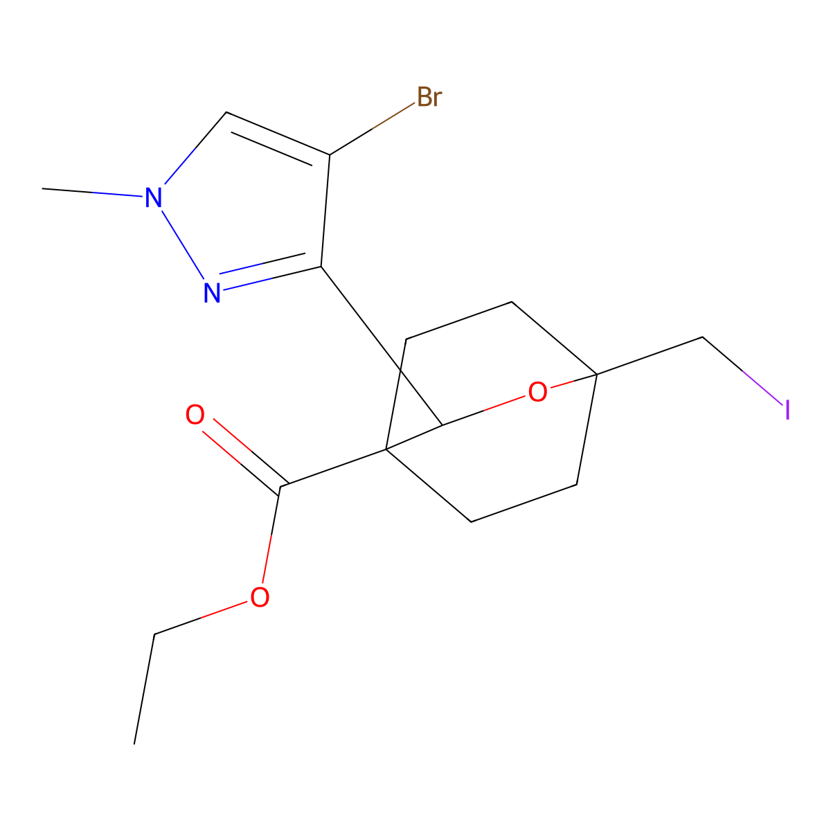 ethyl 3-(4-bromo-1-methyl-1H-pyrazol-3-yl)-1-(iodomethyl)-2-oxabicyclo[2.2.2]octane-4-carboxylate molecular structure, CAS 2703774-25-6