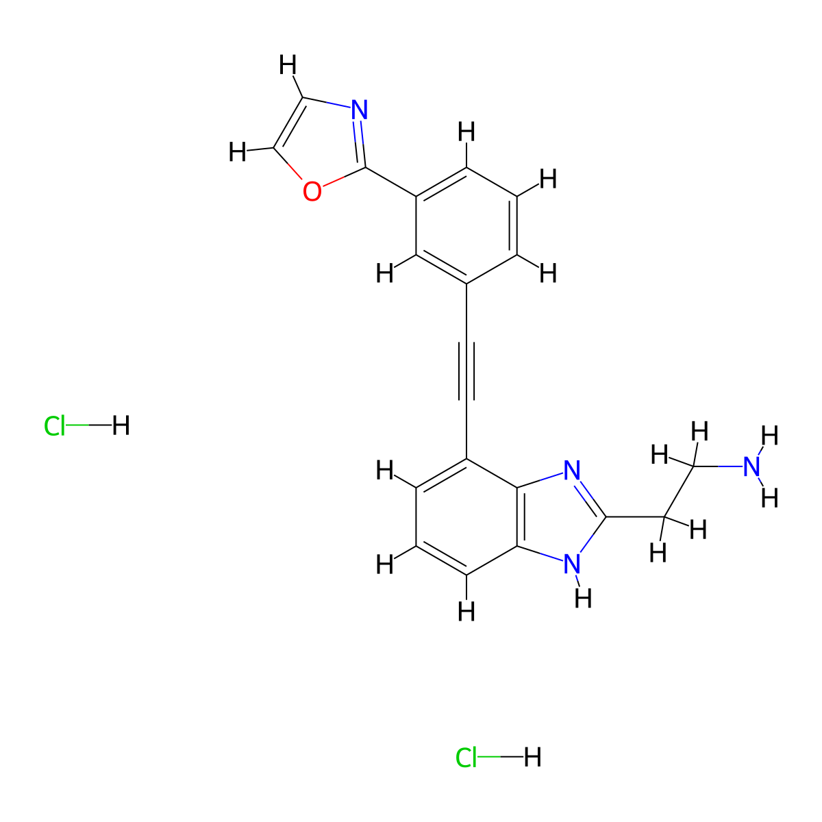 2-(4-(2-(3-(1,3-oxazol-2-yl)phenyl)ethynyl)-1H-1,3-benzodiazol-2-yl)ethan-1-amine dihydrochloride molecular structure, CAS 2703774-26-7
