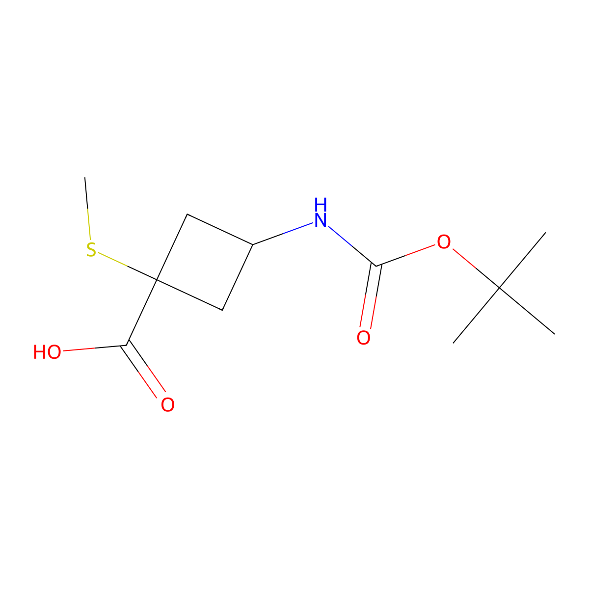 Rac-(1r,3r)-3-{[(tert-butoxy)carbonyl]amino}-1-(methylsulfanyl)cyclobutane-1-carboxylic acid, trans molecular structure, CAS 2703775-15-7