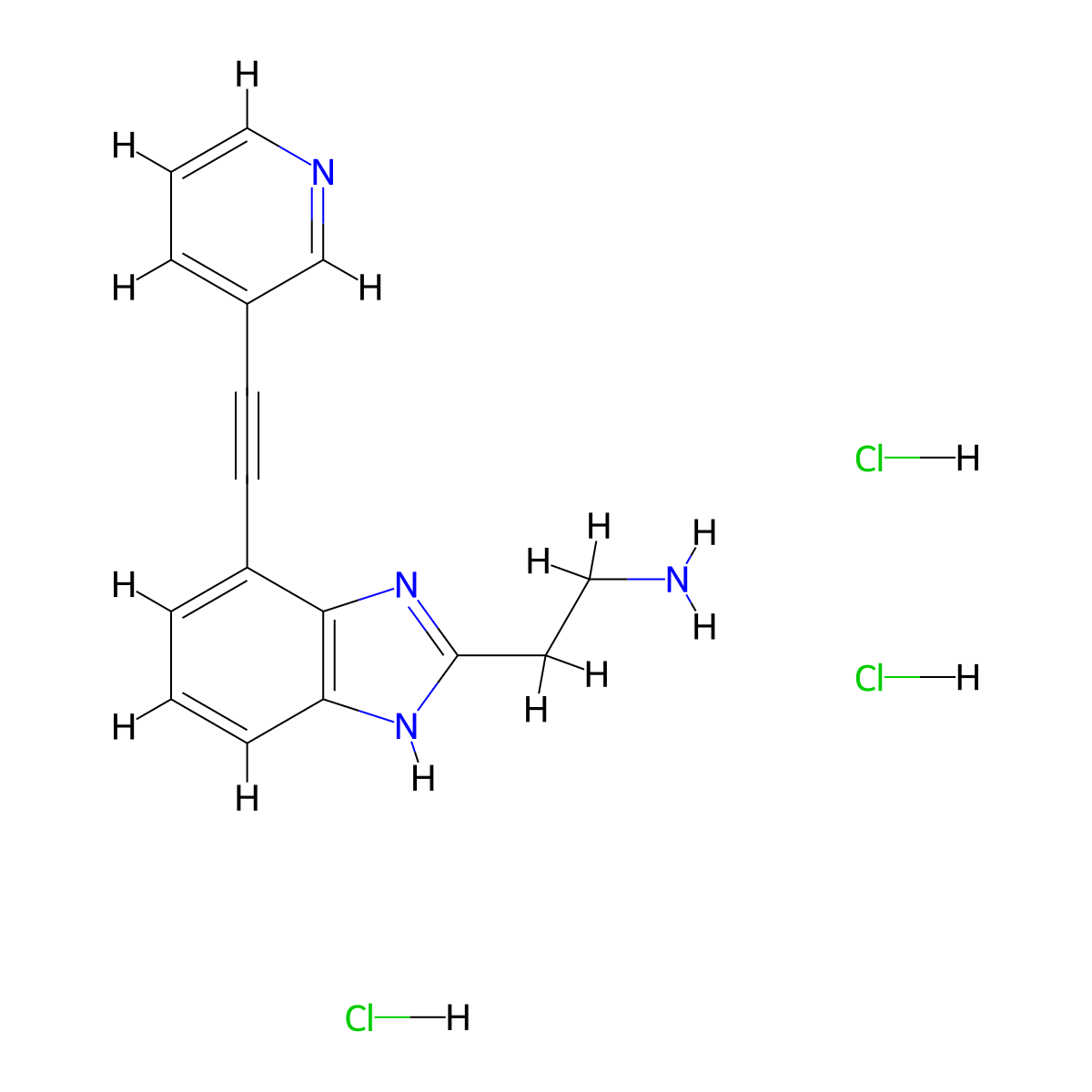 2-(4-(2-(pyridin-3-yl)ethynyl)-1H-1,3-benzodiazol-2-yl)ethan-1-amine trihydrochloride molecular structure, CAS 2703778-61-2