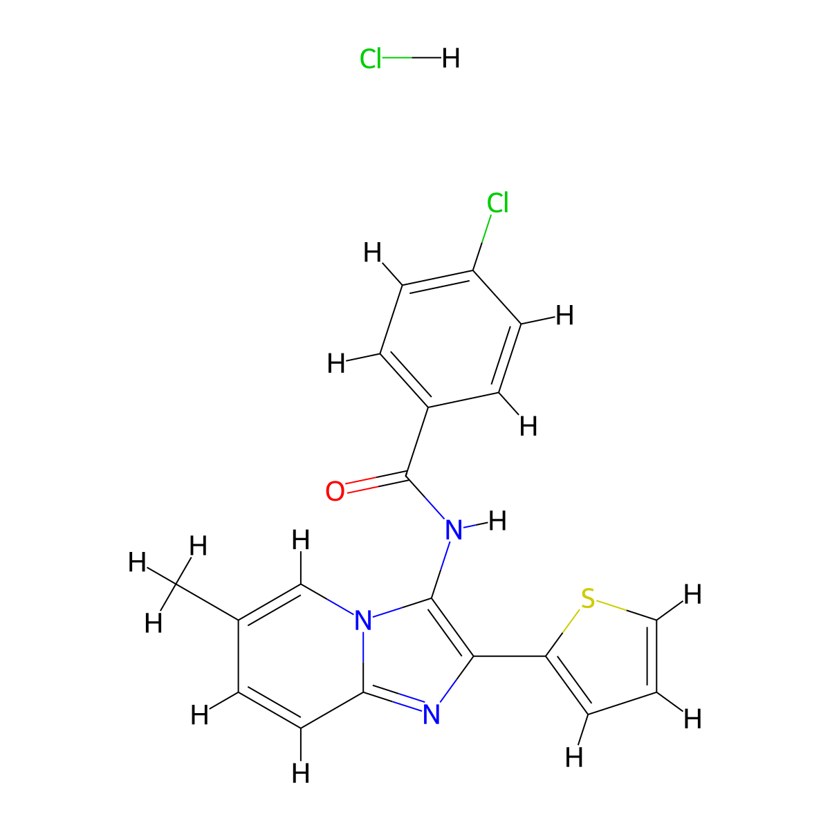 4-chloro-N-[6-methyl-2-(thiophen-2-yl)imidazo[1,2-a]pyridin-3-yl]benzamidehydrochloride molecular structure, CAS 2703779-16-0