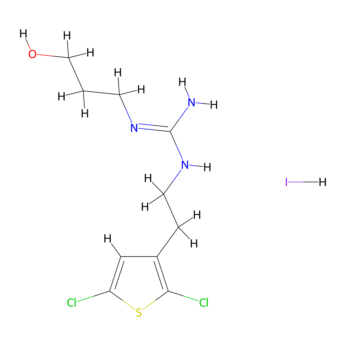 N'-[2-(2,5-dichlorothiophen-3-yl)ethyl]-N-(3-hydroxypropyl)guanidine hydroiodide molecular structure, CAS 2703779-20-6