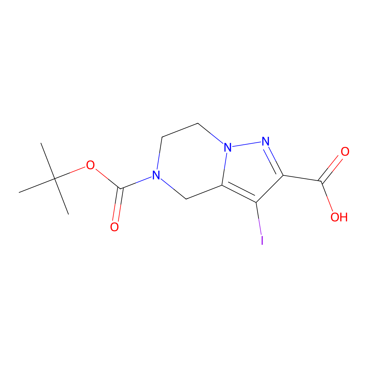 5-[(tert-butoxy)carbonyl]-3-iodo-4H,5H,6H,7H-pyrazolo[1,5-a]pyrazine-2-carboxylic acid molecular structure, CAS 2703779-25-1