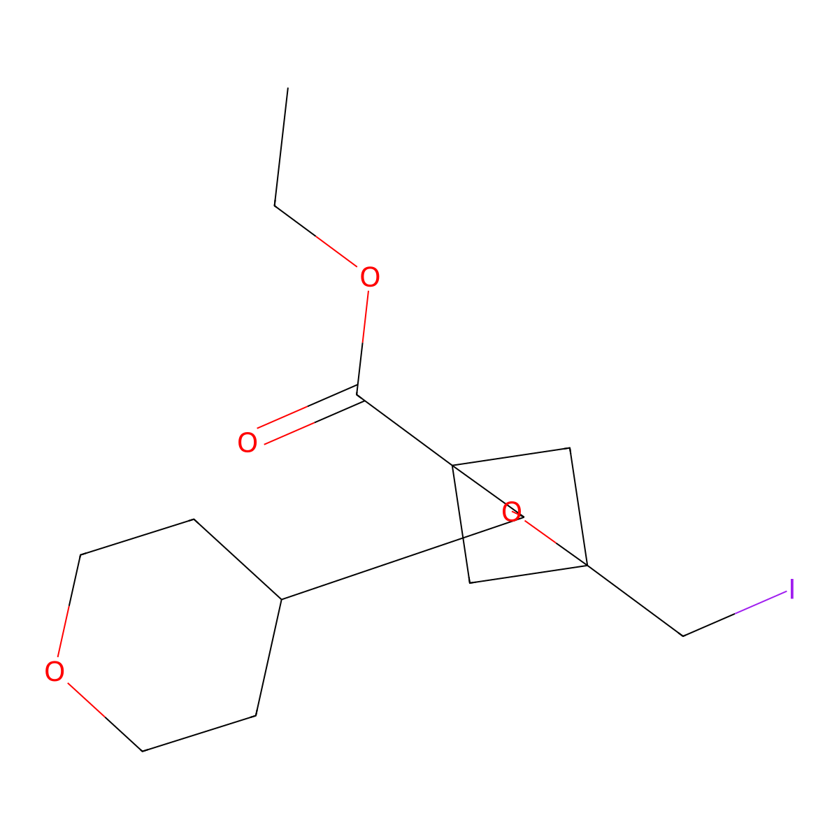 Ethyl 1-(iodomethyl)-3-(oxan-4-yl)-2-oxabicyclo[2.1.1]hexane-4-carboxylate molecular structure, CAS 2703779-27-3