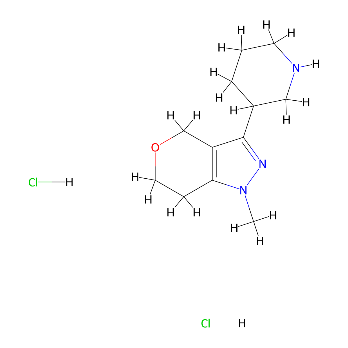 3-{1-methyl-1H,4H,6H,7H-pyrano[4,3-c]pyrazol-3-yl}piperidine dihydrochloride molecular structure, CAS 2703779-30-8