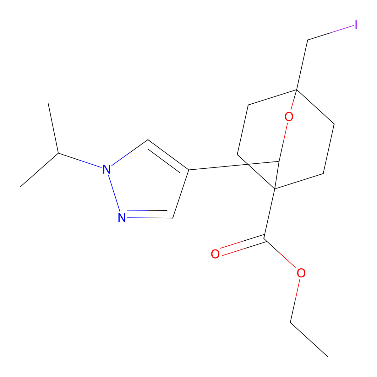 ethyl 1-(iodomethyl)-3-[1-(propan-2-yl)-1H-pyrazol-4-yl]-2-oxabicyclo[2.2.2]octane-4-carboxylate molecular structure, CAS 2703779-45-5