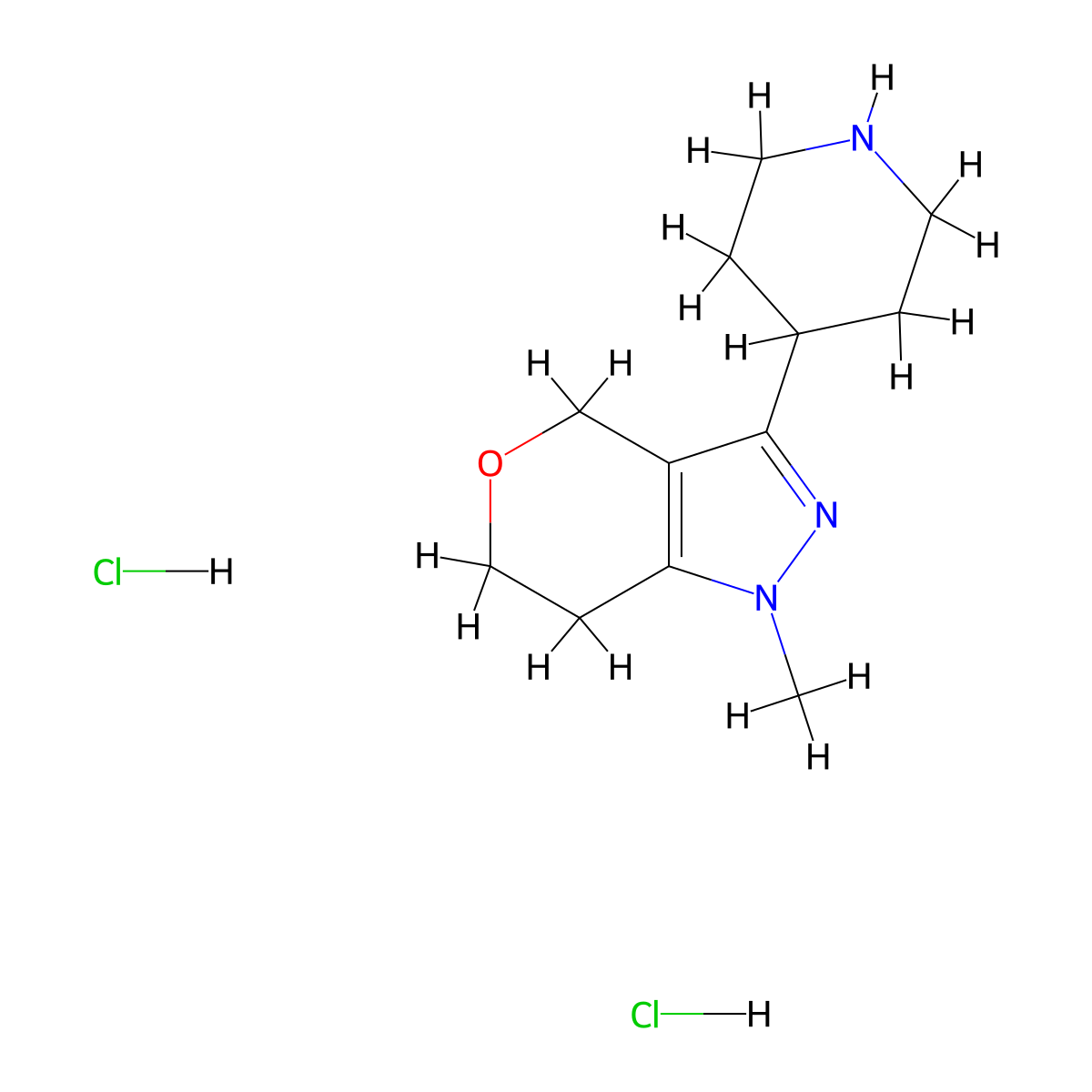 4-{1-methyl-1H,4H,6H,7H-pyrano[4,3-c]pyrazol-3-yl}piperidine dihydrochloride molecular structure, CAS 2703779-47-7