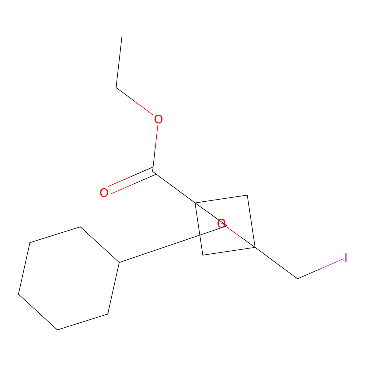 Ethyl 3-cyclohexyl-1-(iodomethyl)-2-oxabicyclo[2.1.1]hexane-4-carboxylate molecular structure, CAS 2703780-40-7