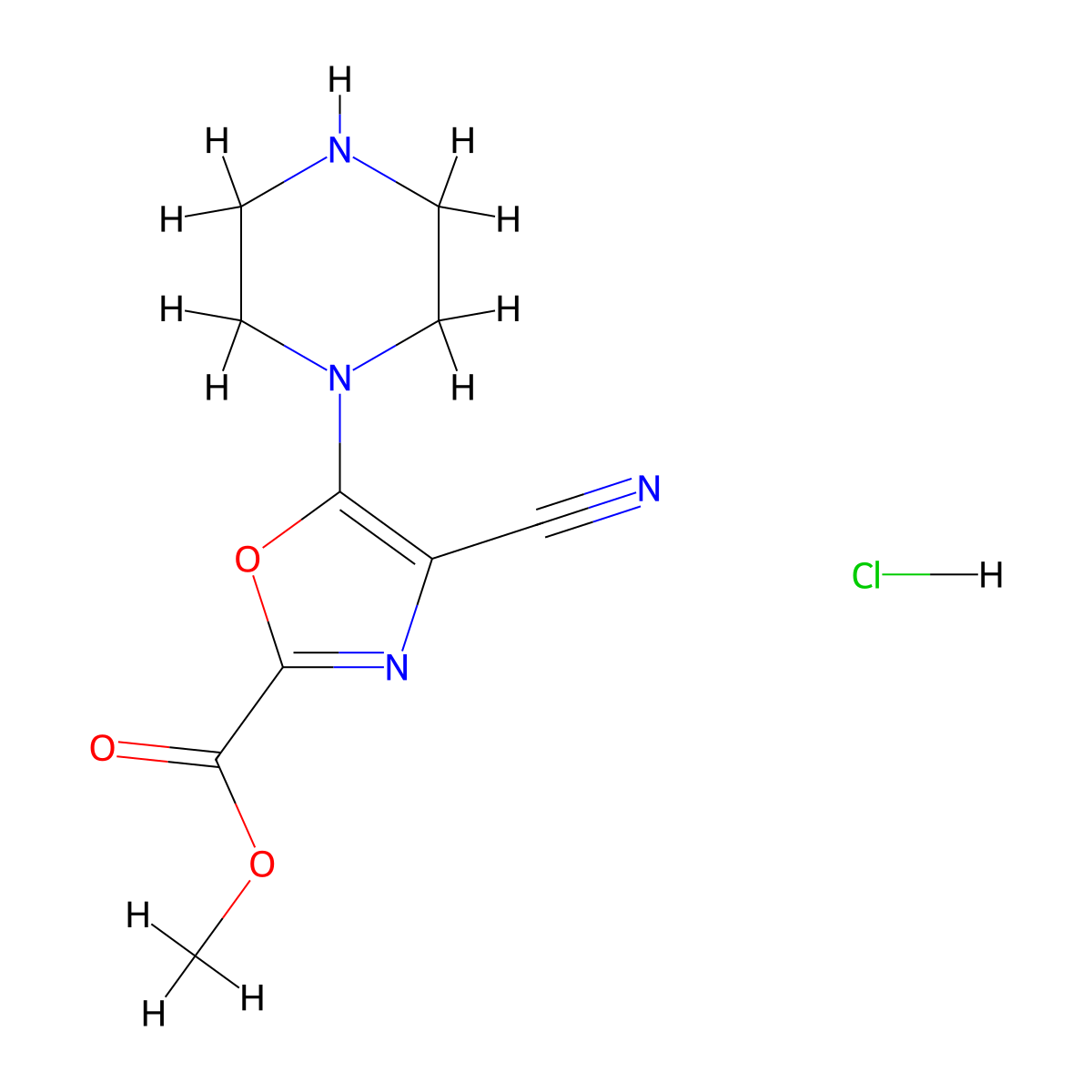 Methyl 4-cyano-5-(piperazin-1-yl)-1,3-oxazole-2-carboxylate hydrochloride molecular structure, CAS 2703781-22-8