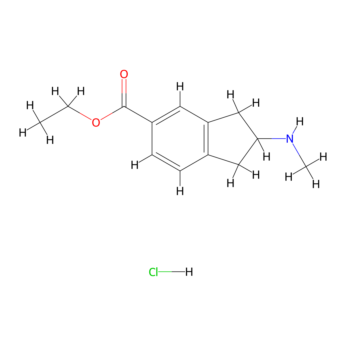 ethyl 2-(methylamino)-2,3-dihydro-1H-indene-5-carboxylate hydrochloride molecular structure, CAS 2703781-27-3