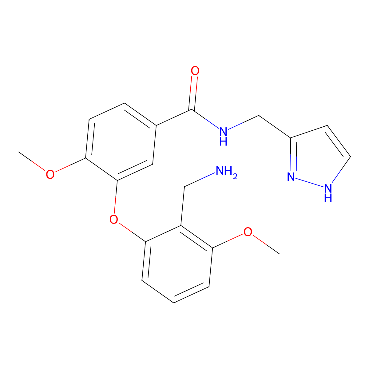 3-[2-(aminomethyl)-3-methoxyphenoxy]-4-methoxy-N-(1H-pyrazol-3-ylmethyl)benzamide hydrochloride molecular structure, CAS 2704279-38-7