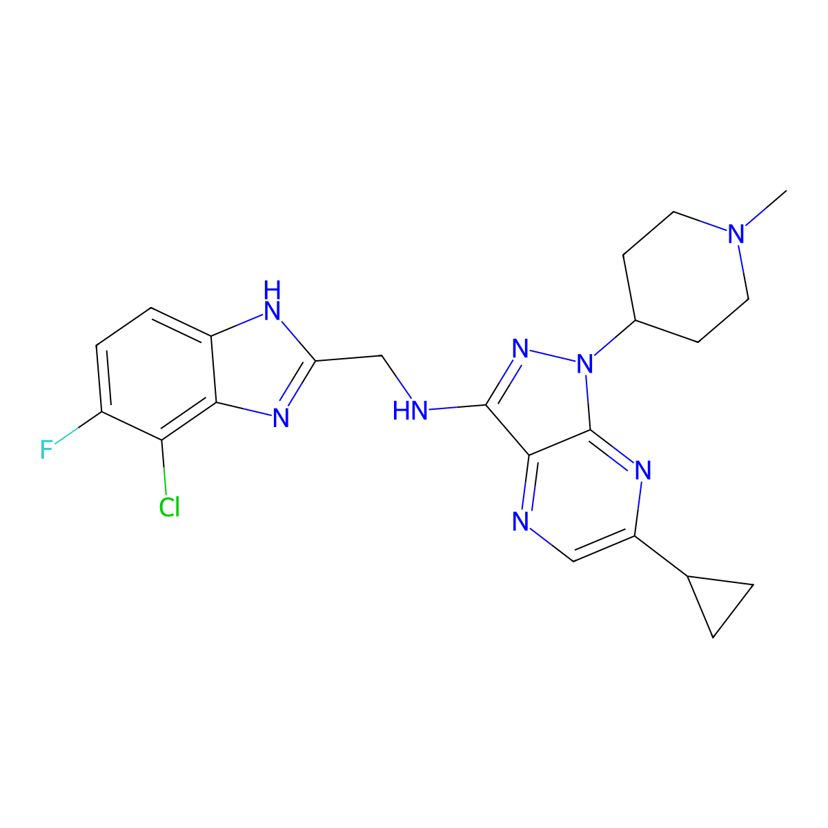 N-((4-chloro-5-fluoro-1H-benzo[d]imidazol-2-yl)methyl)-6-cyclopropyl-1-(1-methylpiperidin-4-yl)-1H-pyrazolo[3,4-b]pyrazin-3-amine molecular structure, CAS 2704570-98-7