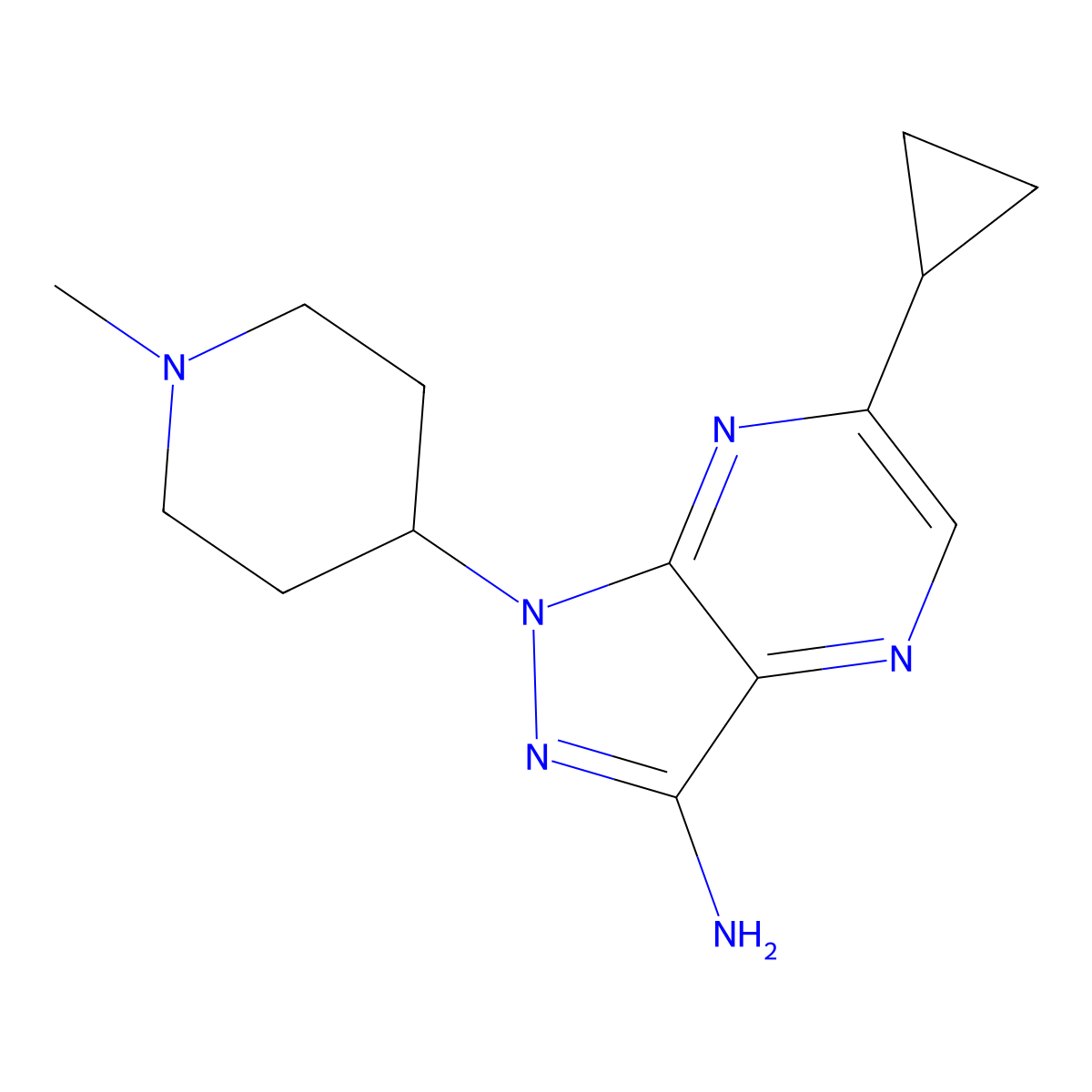 6-cyclopropyl-1-(1-methylpiperidin-4-yl)-1H-pyrazolo[3,4-b]pyrazin-3-amine molecular structure, CAS 2704571-52-6