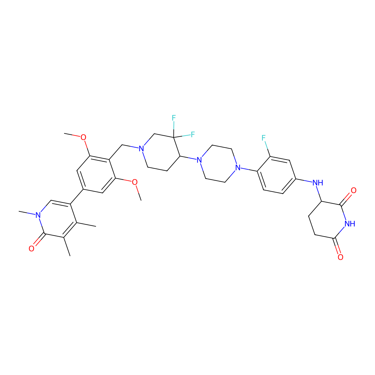 3-((4-(4-(1-(2,6-Dimethoxy-4-(1,4,5-trimethyl-6-oxo-1,6-dihydropyridin-3-yl)benzyl)-3,3-difluoropiperidin-4-yl)piperazin-1-yl)-3-fluorophenyl)amino)piperidine-2,6-dione molecular structure, CAS 2704617-93-4