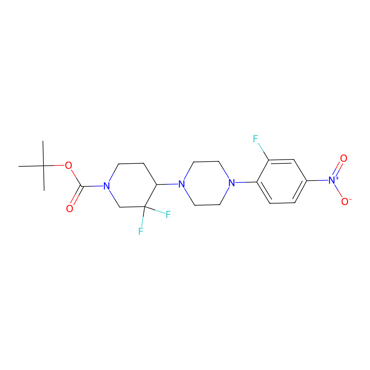 Tert-butyl 3,3-difluoro-4-(4-(2-fluoro-4-nitrophenyl)piperazin-1-yl)piperidine-1-carboxylate molecular structure, CAS 2704622-89-7