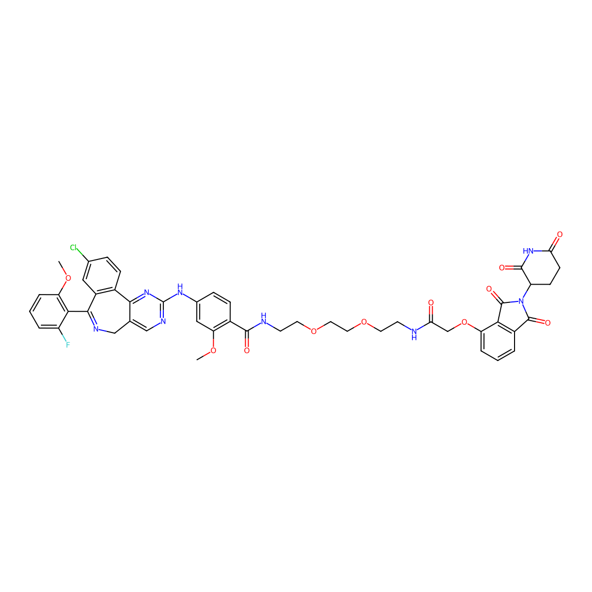 4-((9-chloro-7-(2-fluoro-6-methoxyphenyl)-5H-benzo[c]pyrimido[4,5-e]azepin-2-yl)amino)-N-(2-(2-(2-(2-((2-(2,6-dioxopiperidin-3-yl)-1,3-dioxoisoindolin-4-yl)oxy)acetamido)ethoxy)ethoxy)ethyl)-2-methoxybenzamide molecular structure, CAS 2705844-82-0