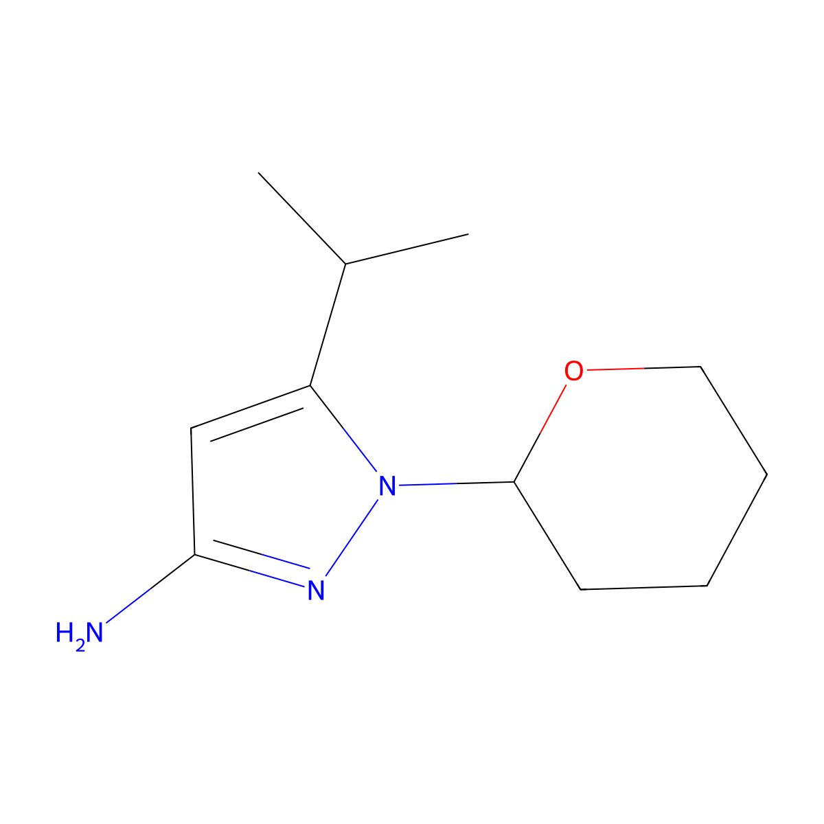 1-(oxan-2-yl)-5-(propan-2-yl)-1H-pyrazol-3-amine molecular structure, CAS 2706585-71-7