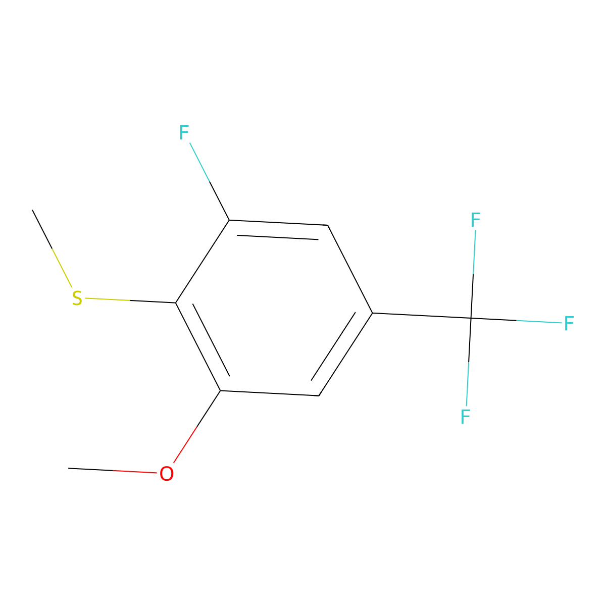 (2-Fluoro-6-methoxy-4-(trifluoromethyl)phenyl)(methyl)sulfane molecular structure, CAS 2706787-04-2